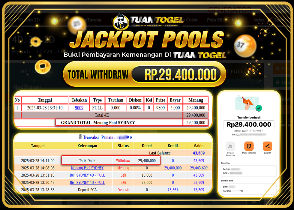 TUANTOGEL JACKPOT TOGEL SYDNEY  Rp29.400.000, - LUNAS